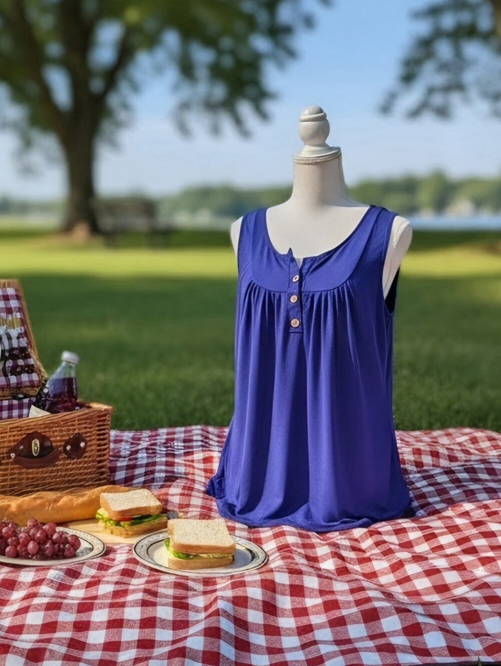 Sleeveless Button-Front Women's Top in Deep Blue